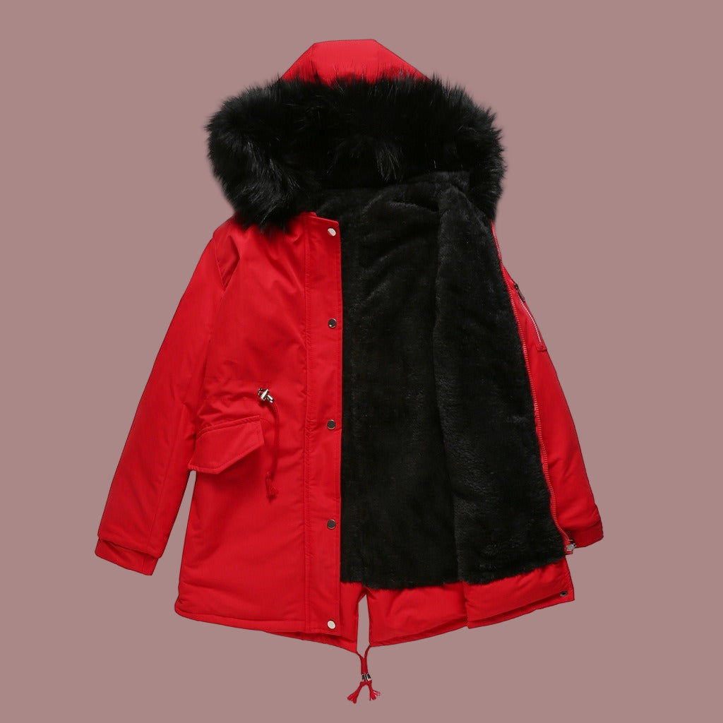 Women’s Parka Coat – Padded Insulated Mid-Length – Faux Fur Hood – Adjustable Waist