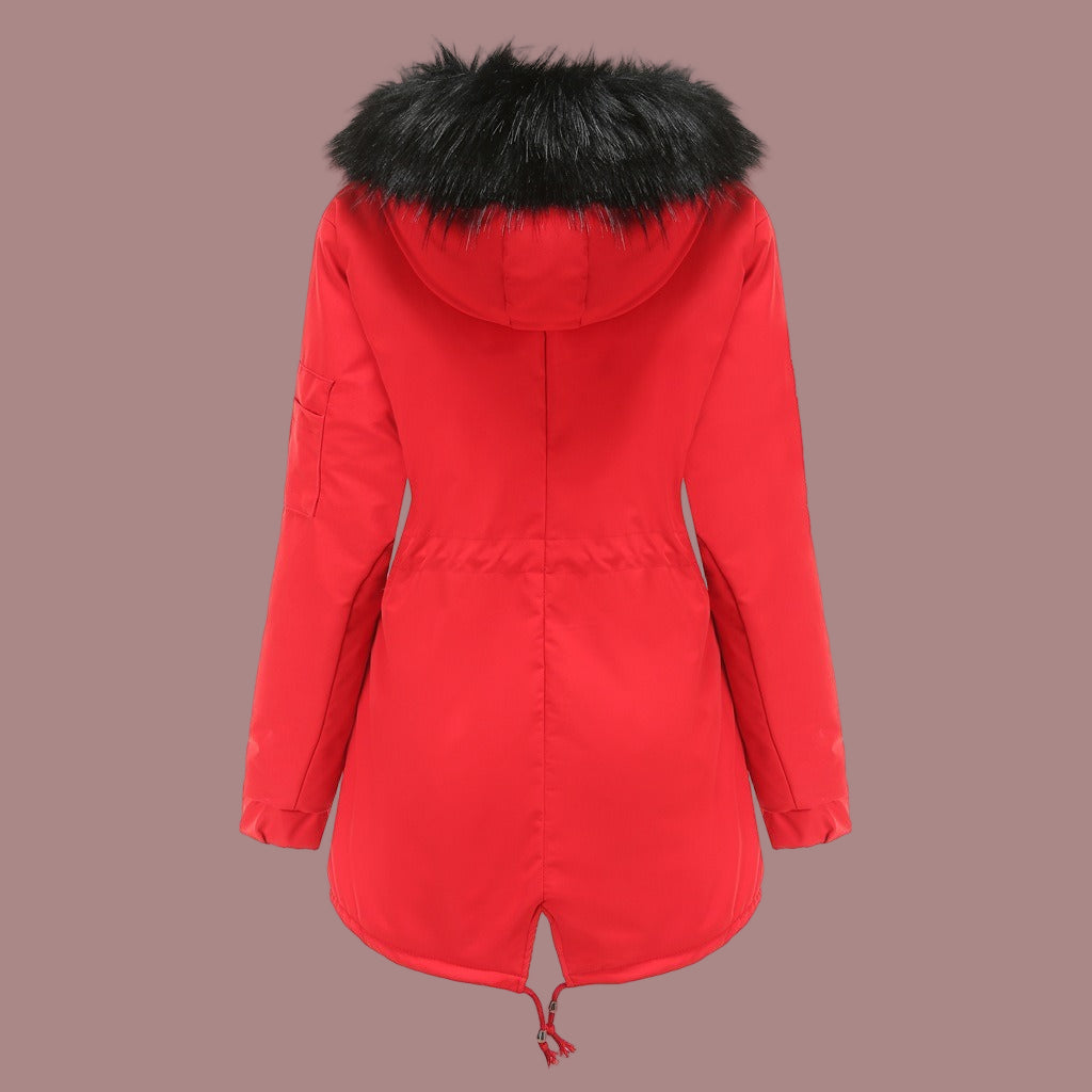 Women’s Parka Coat – Padded Insulated Mid-Length – Faux Fur Hood – Adjustable Waist