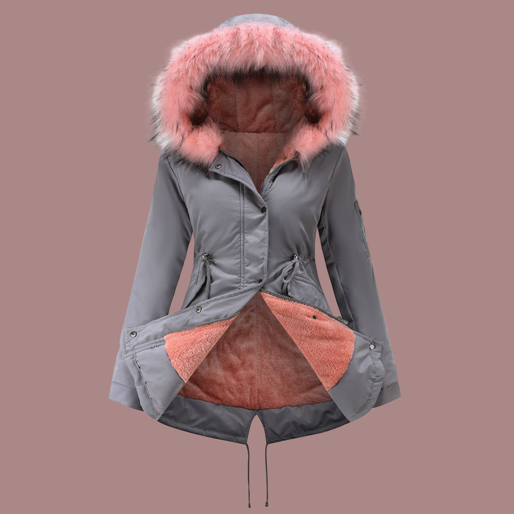 Women’s Parka Coat – Padded Insulated Mid-Length – Faux Fur Hood – Adjustable Waist