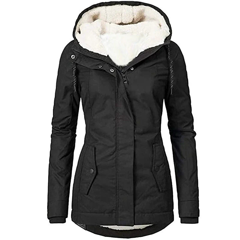 Women’s Parka Coat – Semi-Fitted – Plush Lined Hood – Weather-Resistant – Mid-Thigh Length