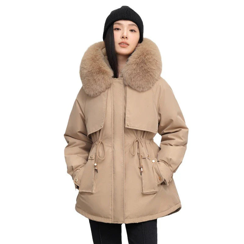 Women’s Parka Jacket – Water-Resistant – Detachable Faux Fur Collar – Adjustable Waist
