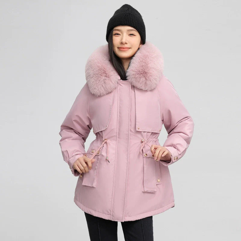 Women’s Parka Jacket – Water-Resistant – Detachable Faux Fur Collar – Adjustable Waist