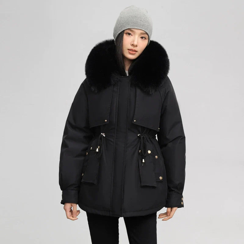 Women’s Parka Jacket – Water-Resistant – Detachable Faux Fur Collar – Adjustable Waist