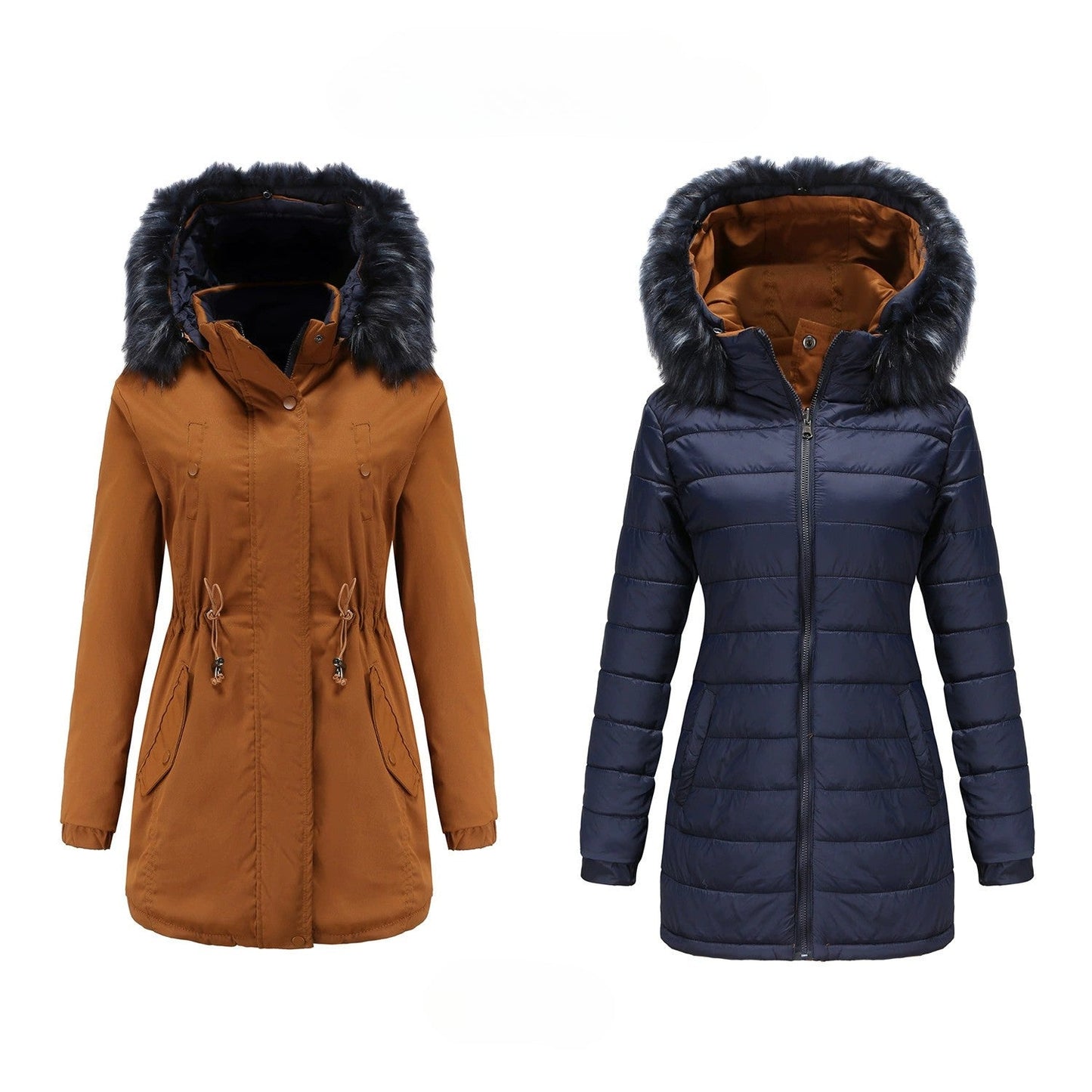 Women’s Parka Jacket – Water-Resistant – Faux Fur Hood – Mid-Thigh Length – Adjustable Waist