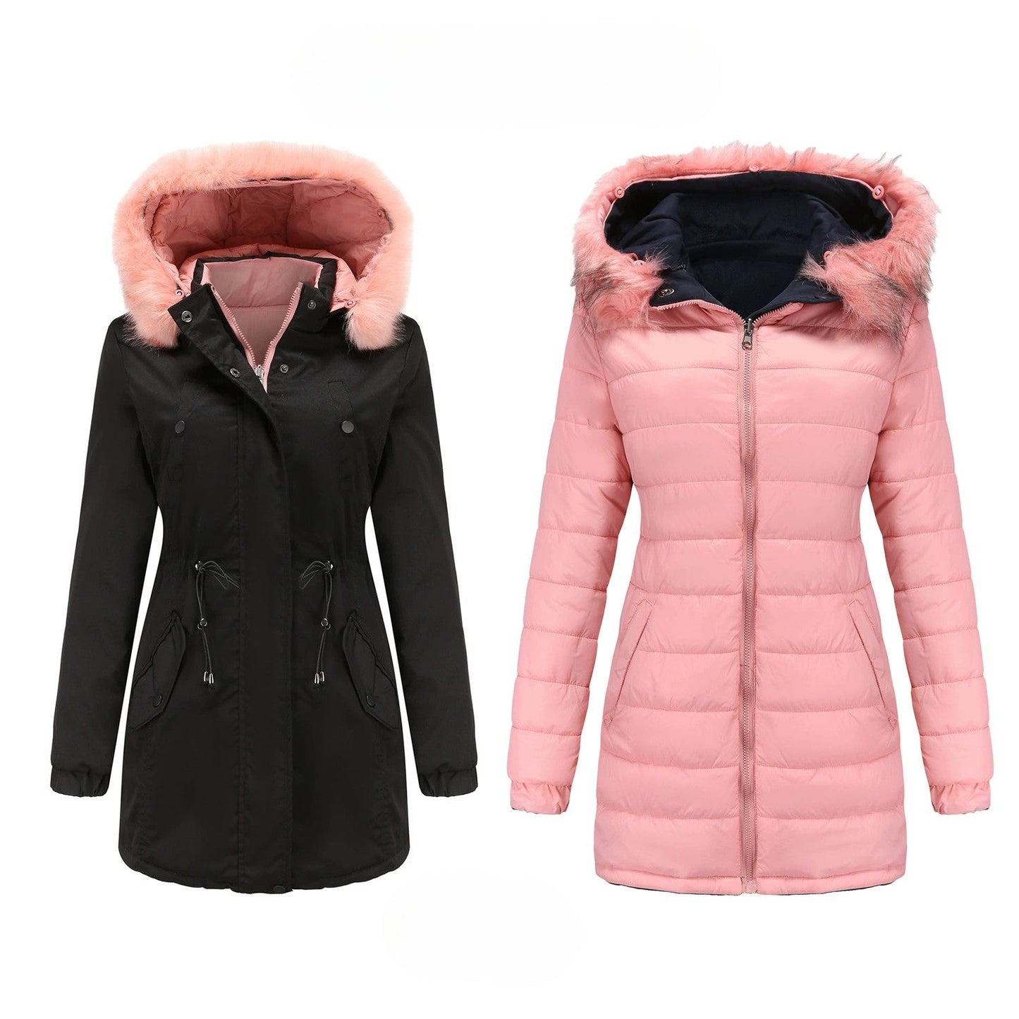 Women’s Parka Jacket – Water-Resistant – Faux Fur Hood – Mid-Thigh Length – Adjustable Waist