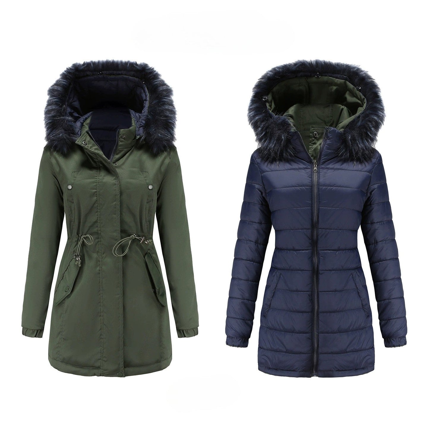 Women’s Parka Jacket – Water-Resistant – Faux Fur Hood – Mid-Thigh Length – Adjustable Waist