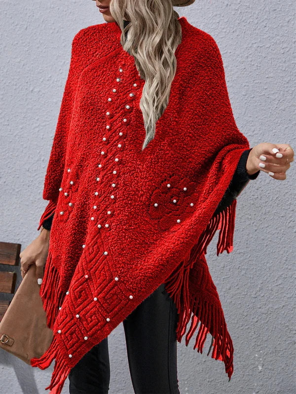 Women’s Poncho – Loose Fit – Wool Blend Feel – Beaded Detail – Fringed Hem – Asymmetrical Cut