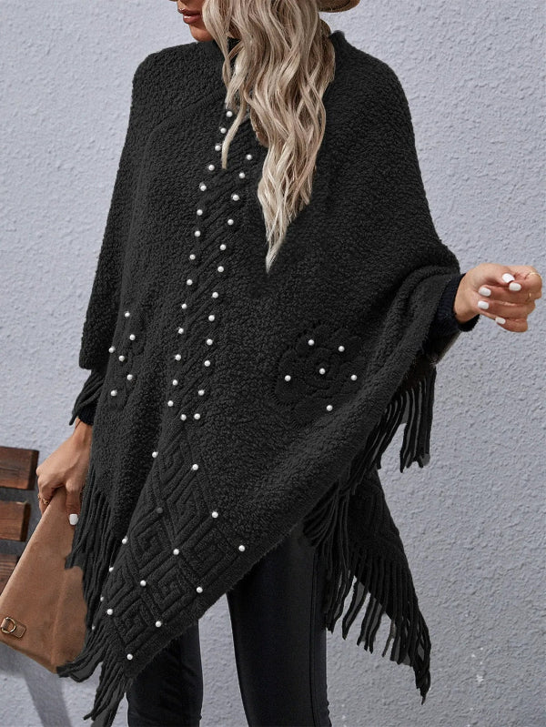 Women’s Poncho – Loose Fit – Wool Blend Feel – Beaded Detail – Fringed Hem – Asymmetrical Cut