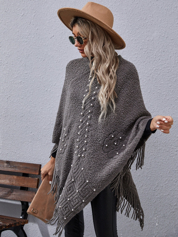 Women’s Poncho – Loose Fit – Wool Blend Feel – Beaded Detail – Fringed Hem – Asymmetrical Cut