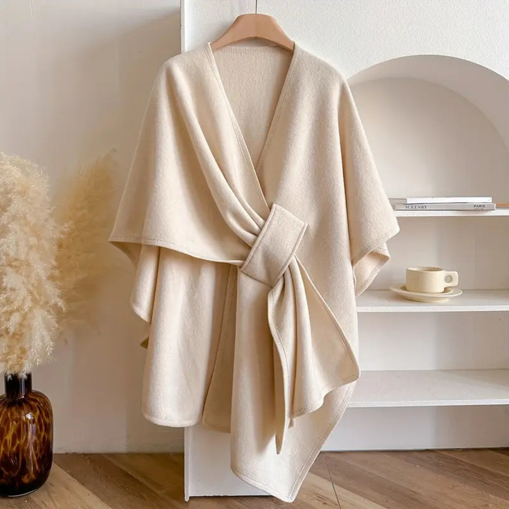Women’s Poncho Shawl – Wool Look – Draped Fit – Open Front with Waist Belt