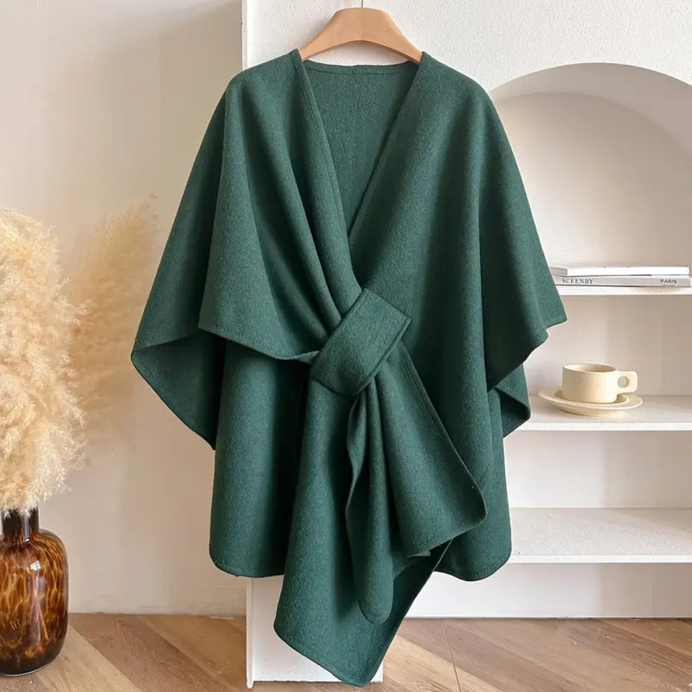 Women’s Poncho Shawl – Wool Look – Draped Fit – Open Front with Waist Belt