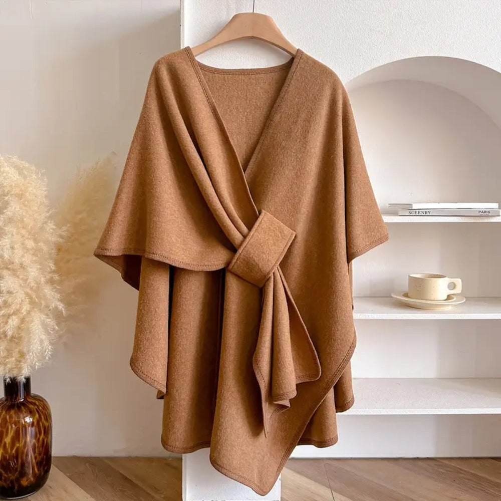 Women’s Poncho Shawl – Wool Look – Draped Fit – Open Front with Waist Belt