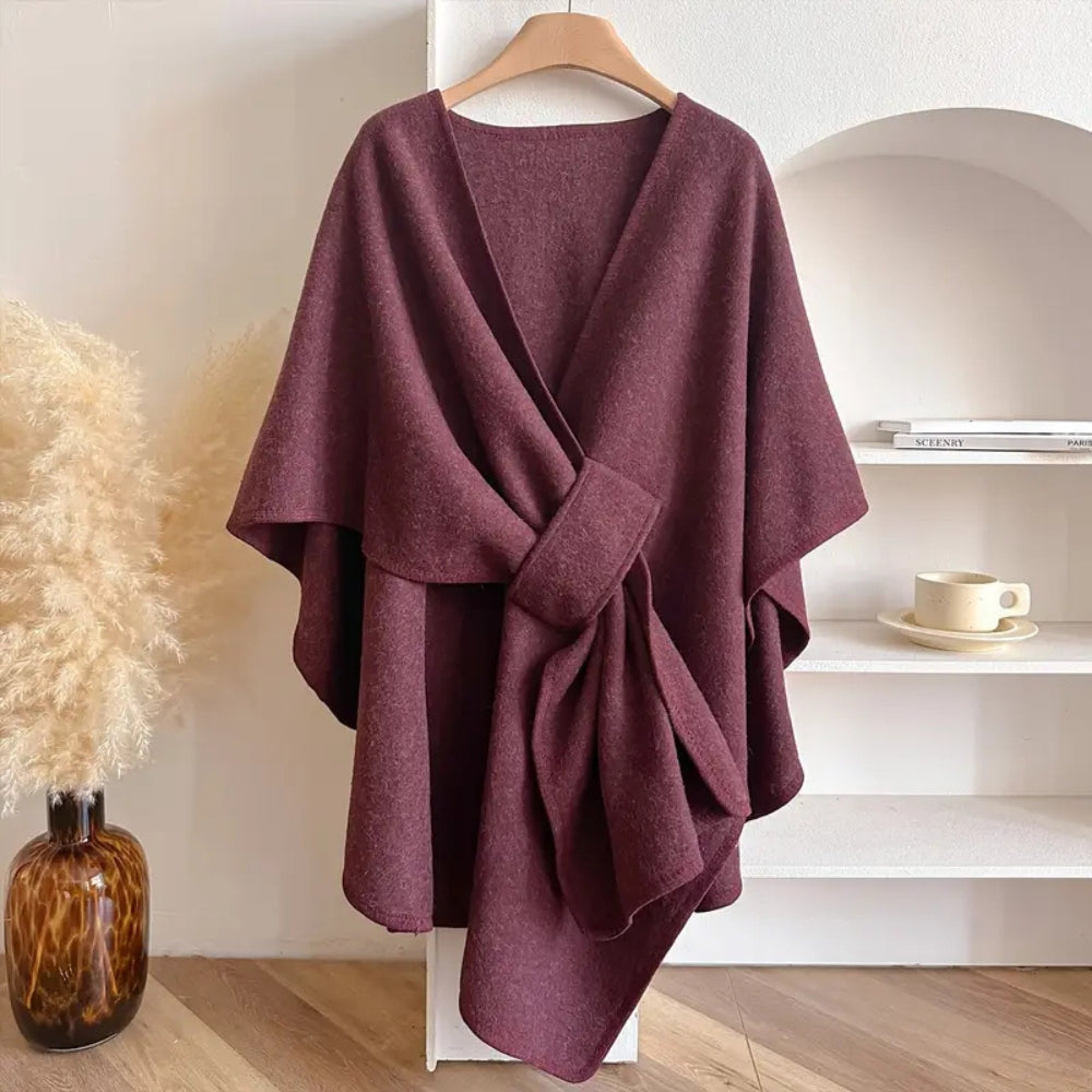 Women’s Poncho Shawl – Wool Look – Draped Fit – Open Front with Waist Belt