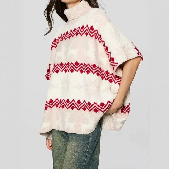 Women’s Poncho Top – Oversized Knit – Ribbed Turtleneck – Jacquard Pattern – Button Sides