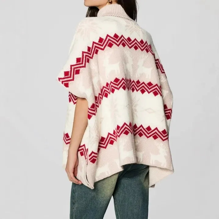 Women’s Poncho Top – Oversized Knit – Ribbed Turtleneck – Jacquard Pattern – Button Sides