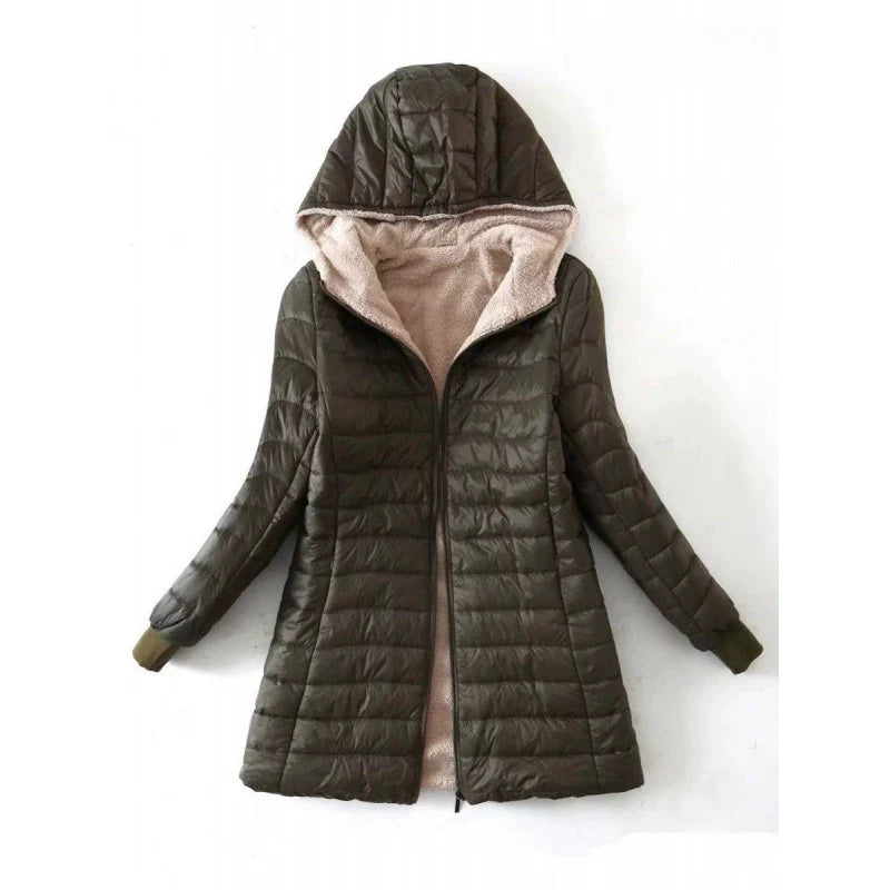 Women’s Puffer Coat – Quilted Insulated – Plush Lining – Hooded Mid-Length Fit