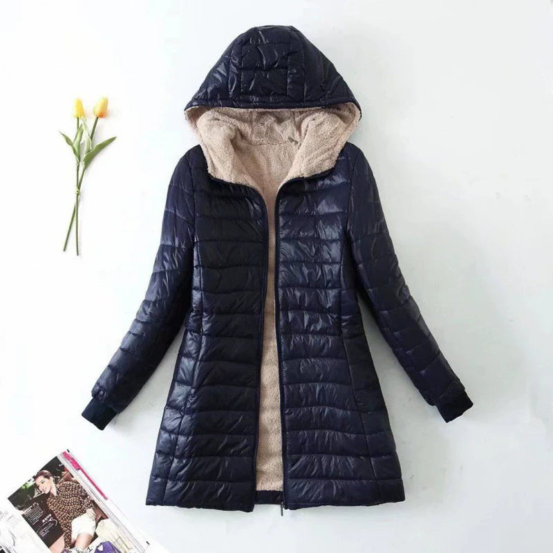 Women’s Puffer Coat – Quilted Insulated – Plush Lining – Hooded Mid-Length Fit