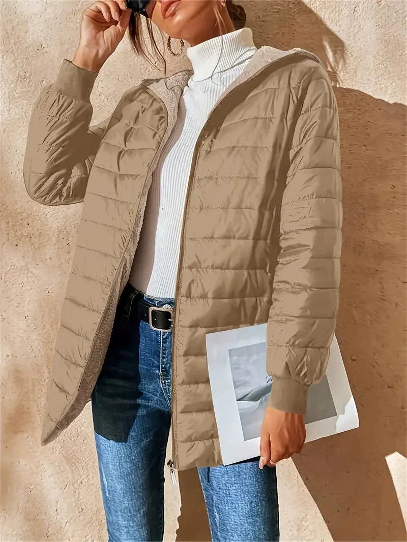 Women’s Puffer Coat – Quilted Insulated – Plush Lining – Hooded Mid-Length Fit