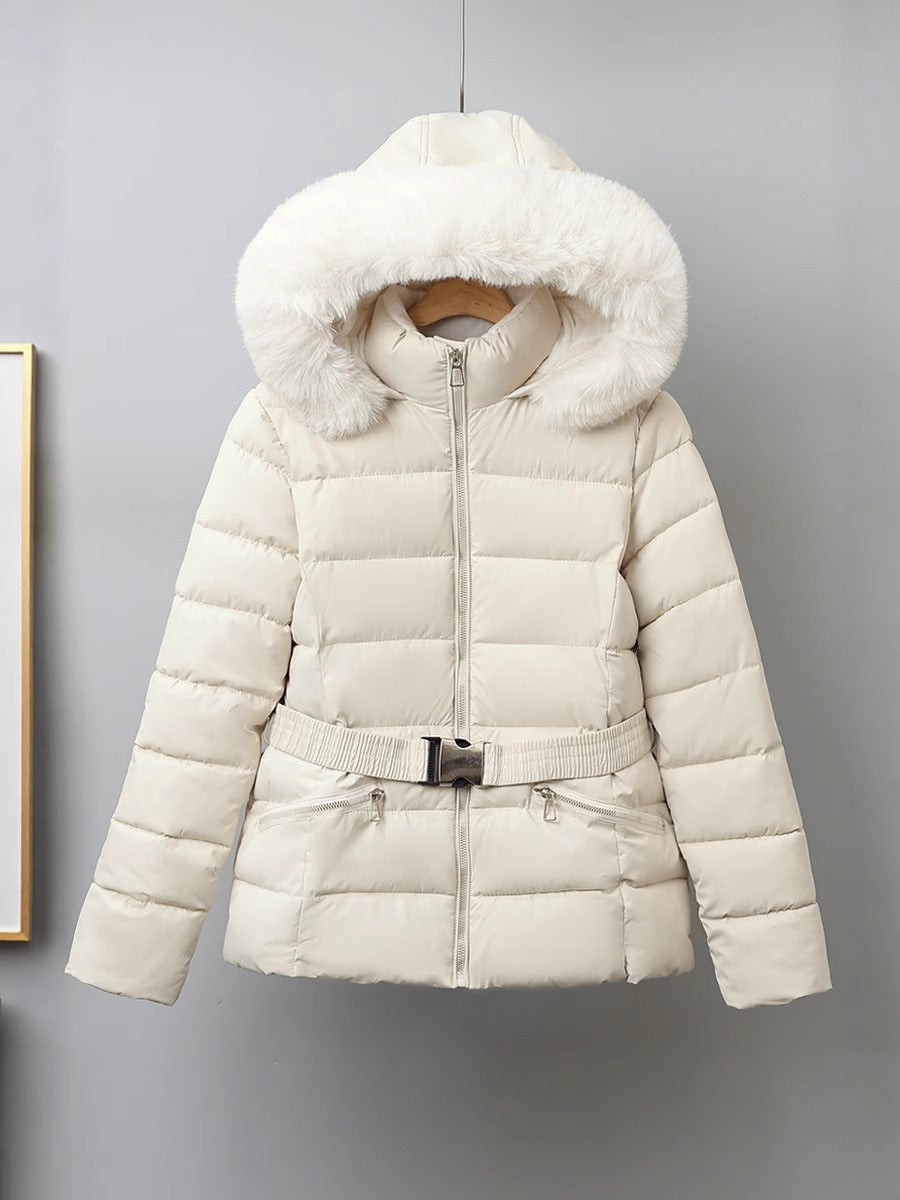 Women’s Puffer Coat – Quilted Insulation – Belted Waist – Removable Fur Hood