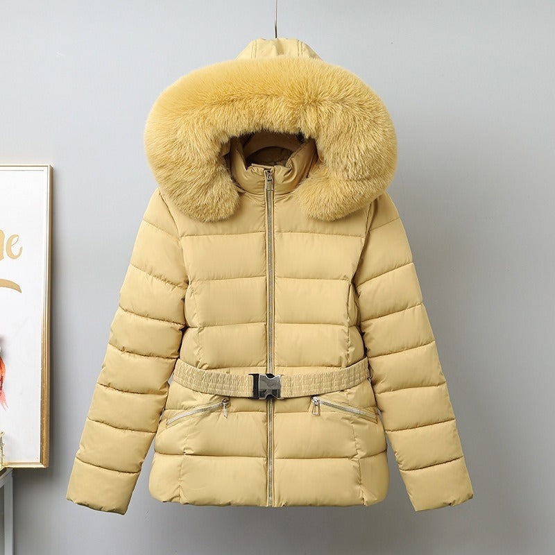 Women’s Puffer Coat – Quilted Insulation – Belted Waist – Removable Fur Hood