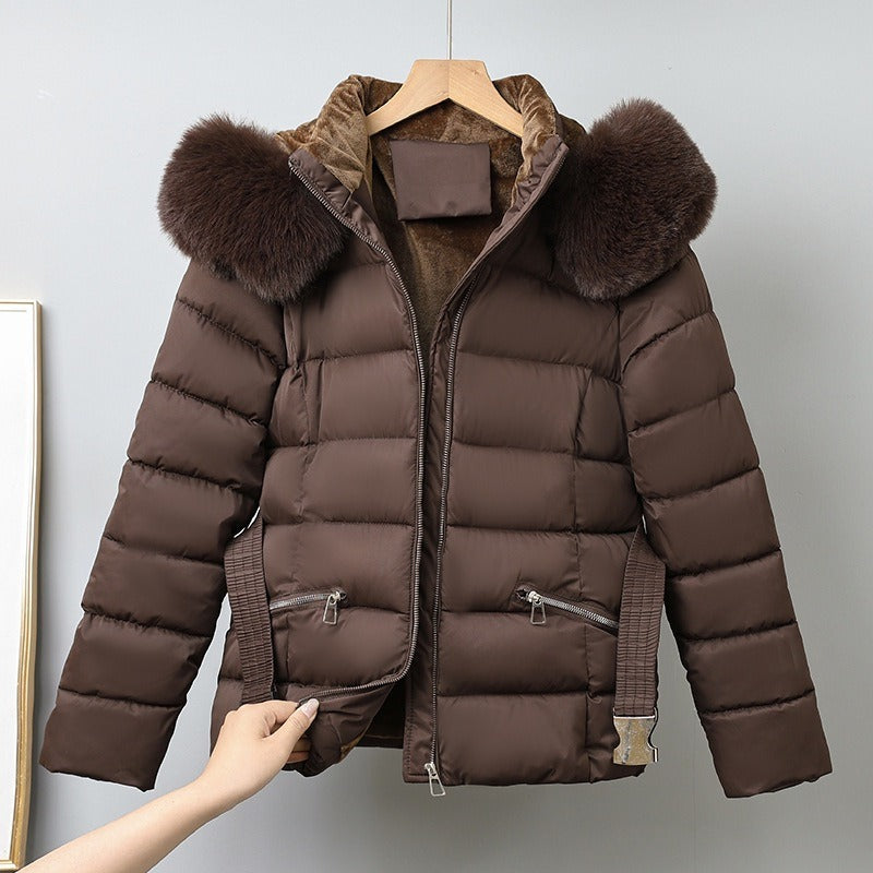Women’s Puffer Coat – Quilted Insulation – Belted Waist – Removable Fur Hood