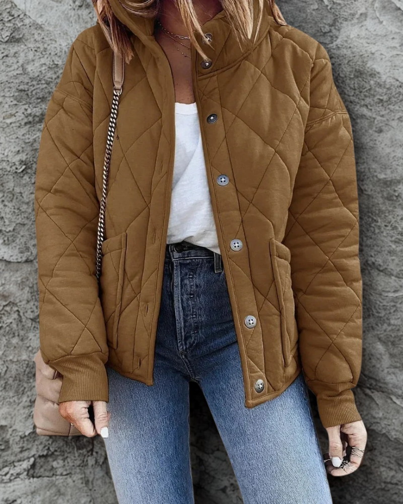 Women’s Puffer Jacket – Cropped Fit – Quilted Insulated – Stand Collar – Zip Pockets