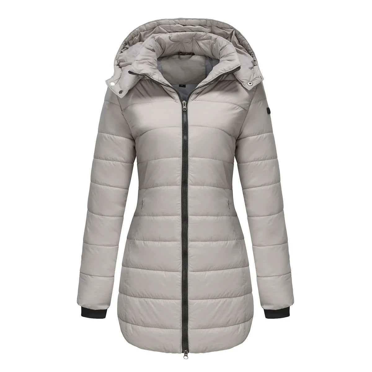 Women’s Puffer Jacket – Insulated Padding – Detachable Hood – Mid-Length Fit – Ribbed Cuffs