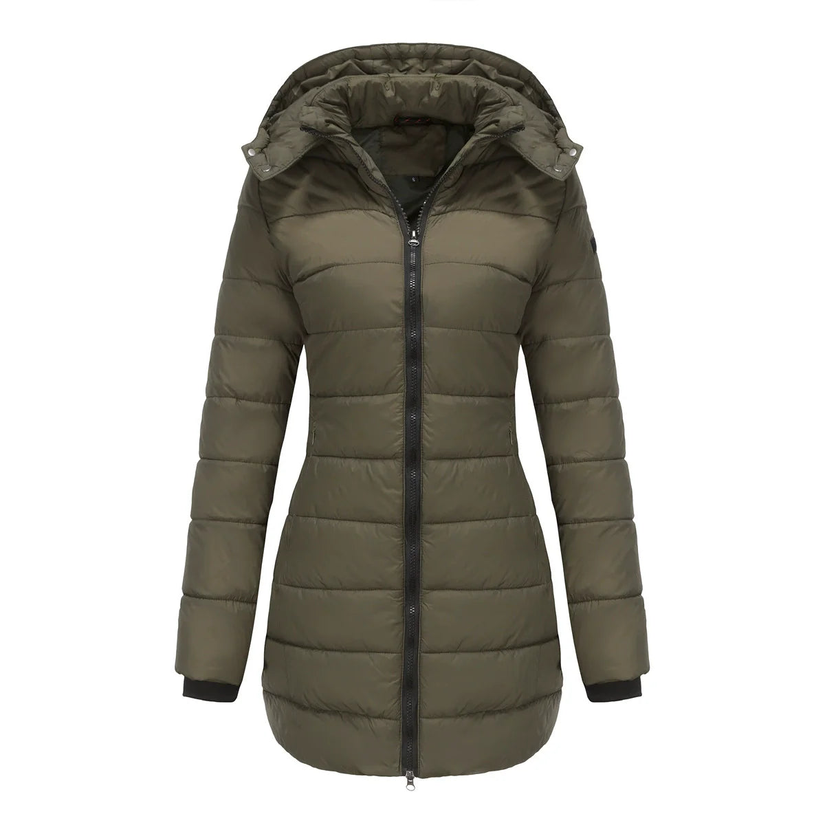 Women’s Puffer Jacket – Insulated Padding – Detachable Hood – Mid-Length Fit – Ribbed Cuffs