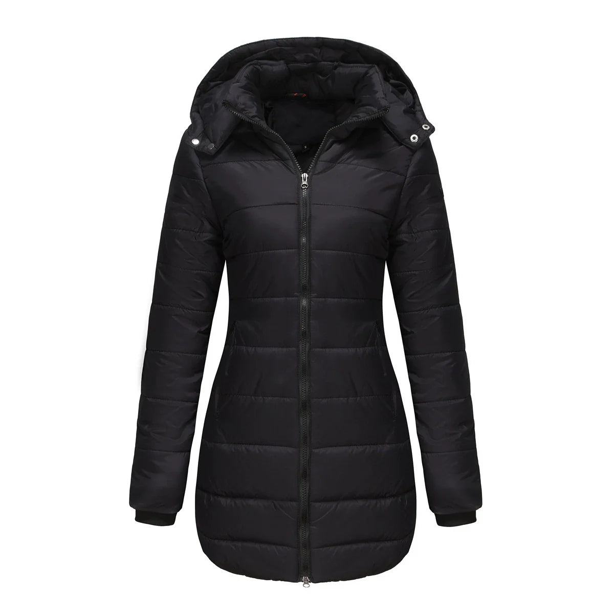 Women’s Puffer Jacket – Insulated Padding – Detachable Hood – Mid-Length Fit – Ribbed Cuffs