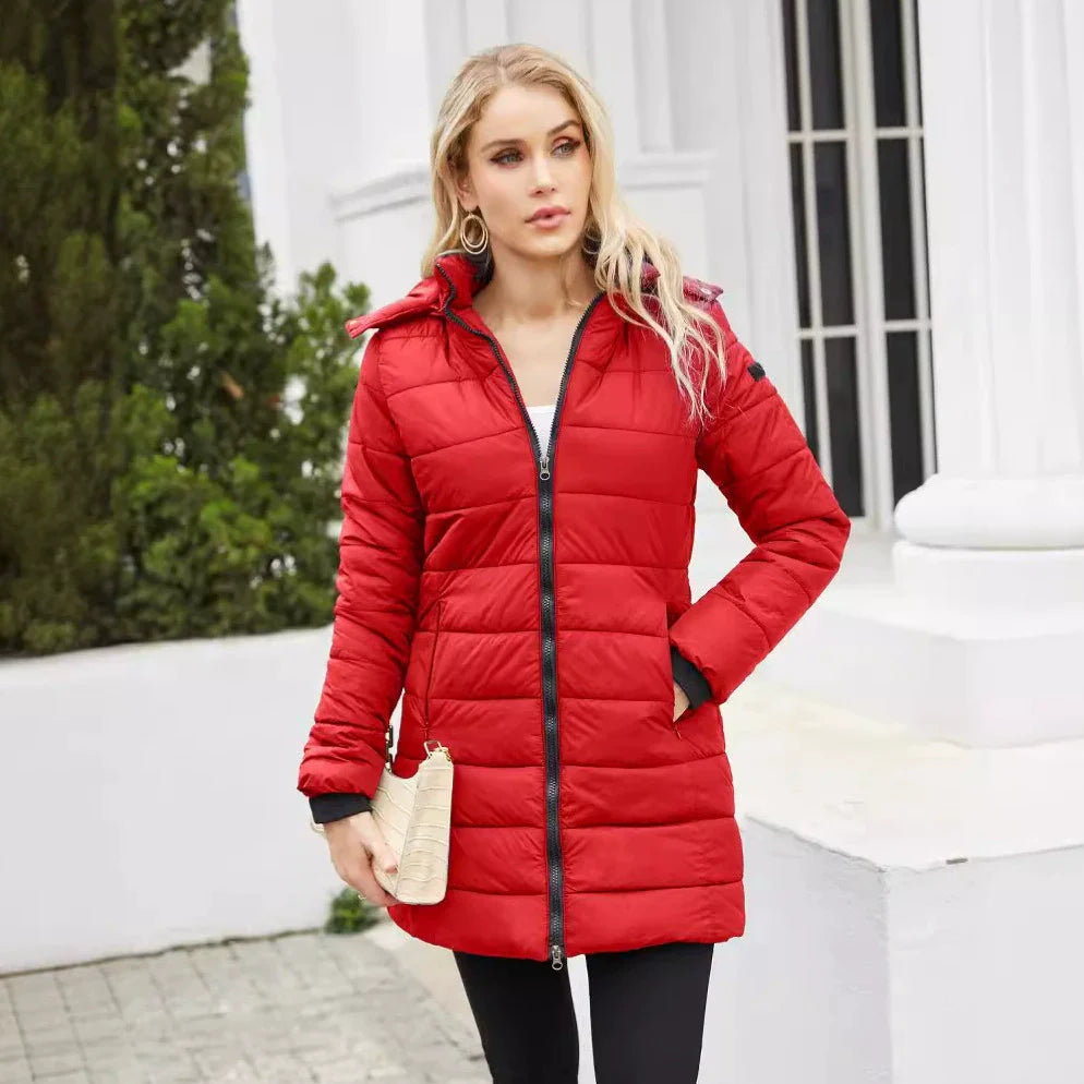 Women’s Puffer Jacket – Insulated Padding – Detachable Hood – Mid-Length Fit – Ribbed Cuffs