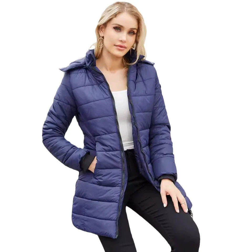 Women’s Puffer Jacket – Insulated Padding – Detachable Hood – Mid-Length Fit – Ribbed Cuffs