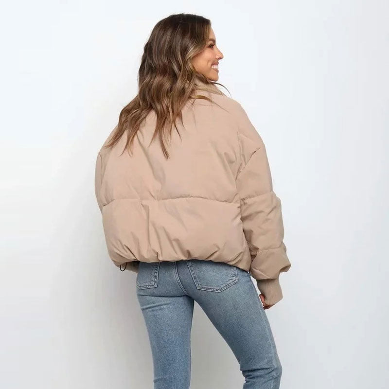 Women’s Puffer Jacket – Oversized Fit – Cropped Length – Stand Collar – Ribbed Cuffs