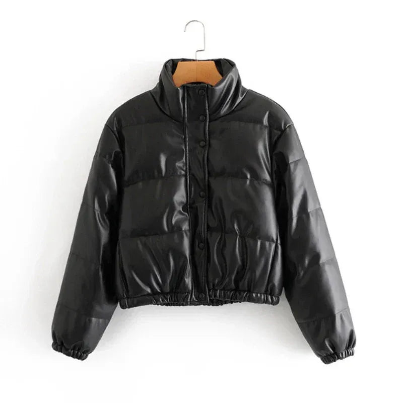 Women’s Puffer Jacket – Oversized Fit – High Collar – Quilted – Cropped Length
