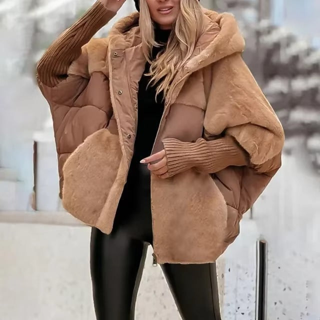 Women’s Puffer Jacket – Oversized Fit – Quilted Hooded Design – Ribbed Cuffs – Hip Length