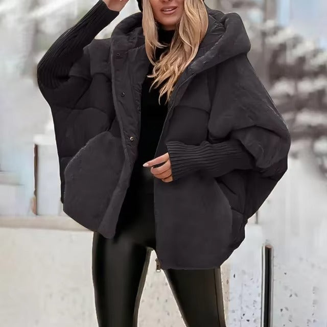 Women’s Puffer Jacket – Oversized Fit – Quilted Hooded Design – Ribbed Cuffs – Hip Length
