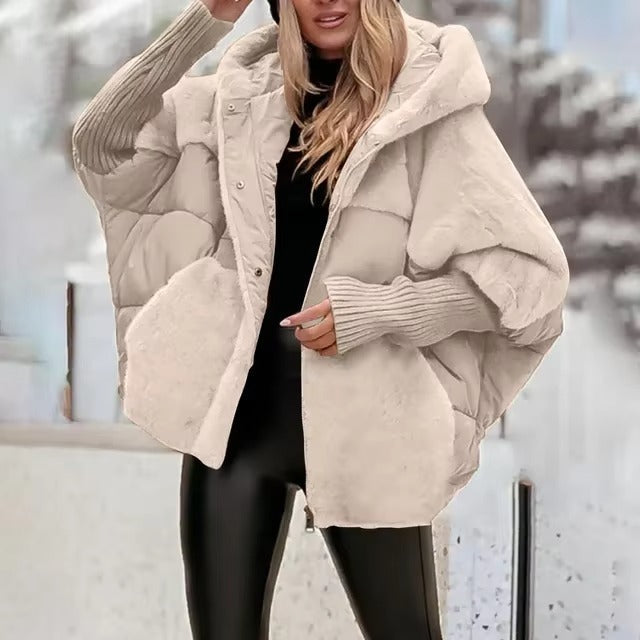 Women’s Puffer Jacket – Oversized Fit – Quilted Hooded Design – Ribbed Cuffs – Hip Length