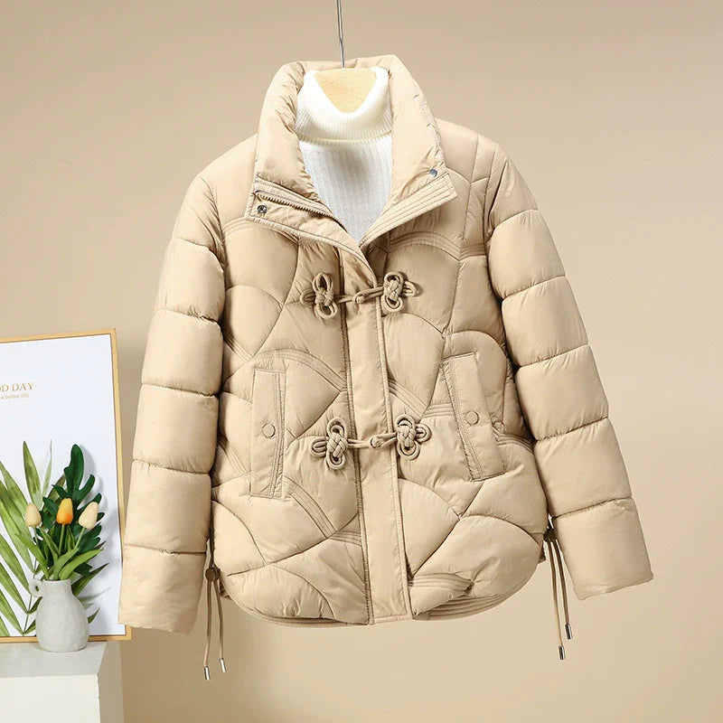 Women’s Puffer Jacket – Quilted Geometric Pattern – Frog Button – Adjustable Hem