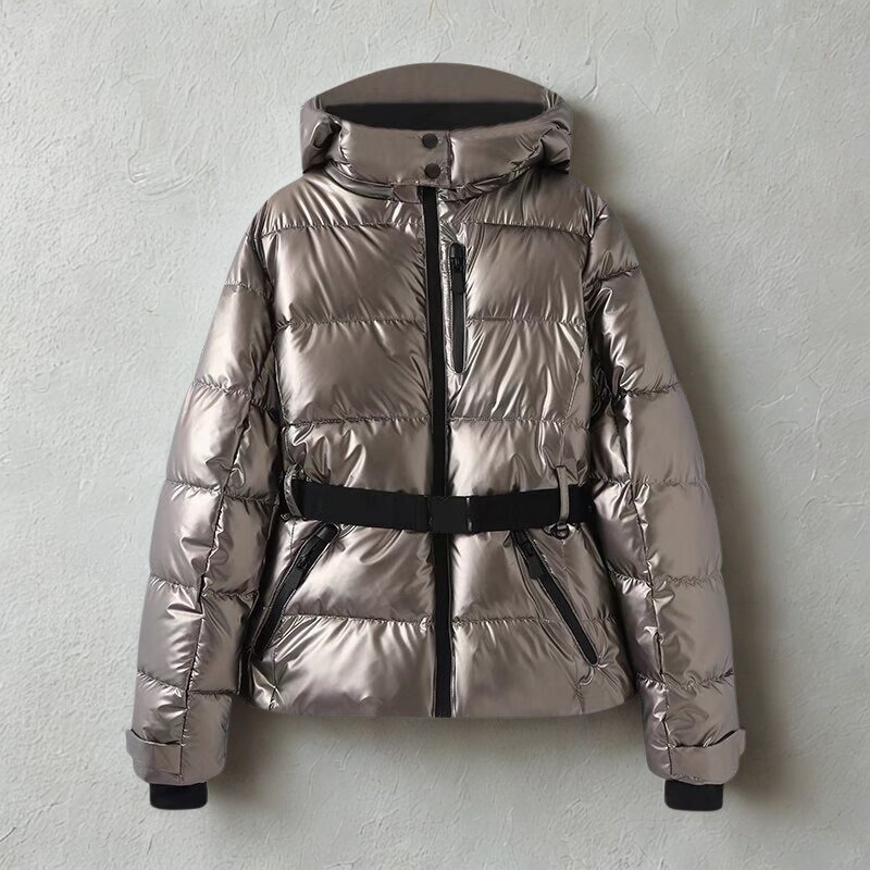 Women’s Puffer Jacket – Quilted Insulated – Belted Waist – Hooded High Collar