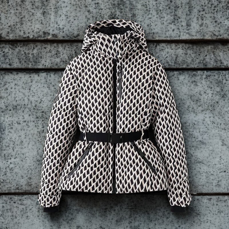 Women’s Puffer Jacket – Quilted Insulated – Belted Waist – Hooded High Collar