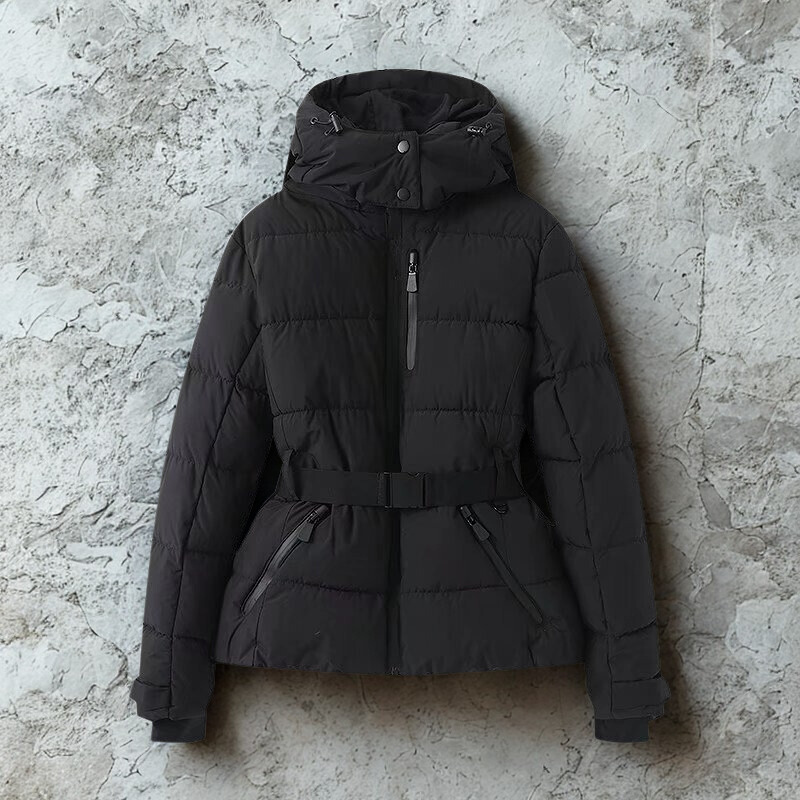Women’s Puffer Jacket – Quilted Insulated – Belted Waist – Hooded High Collar