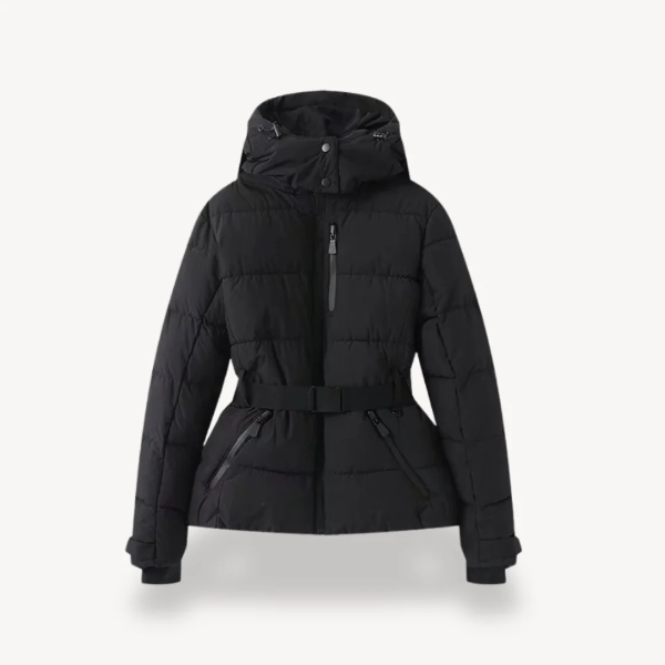 Women’s Puffer Jacket – Tailored Fit – Quilted – Hooded – Belted Waist – Hip Length