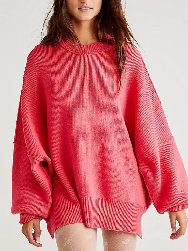 Women’s Pullover Knit Sweater – Oversized Fit – Long Sleeve – Textured – Side Slits