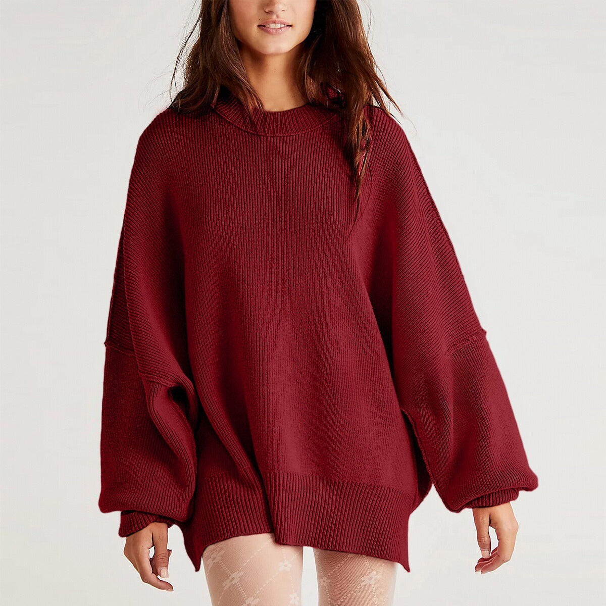 Women’s Pullover Knit Sweater – Oversized Fit – Long Sleeve – Textured – Side Slits