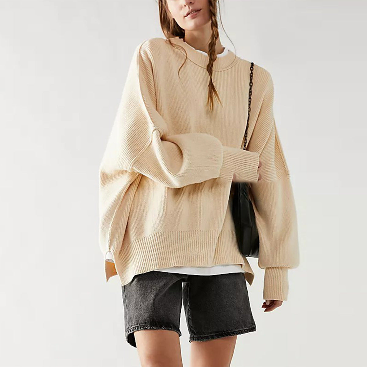 Women’s Pullover Knit Sweater – Oversized Fit – Long Sleeve – Textured – Side Slits