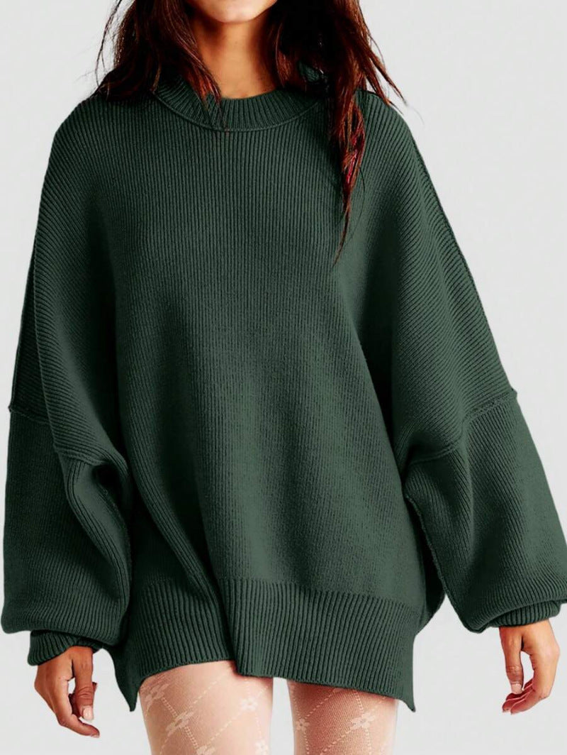 Women’s Pullover Knit Sweater – Oversized Fit – Long Sleeve – Textured – Side Slits
