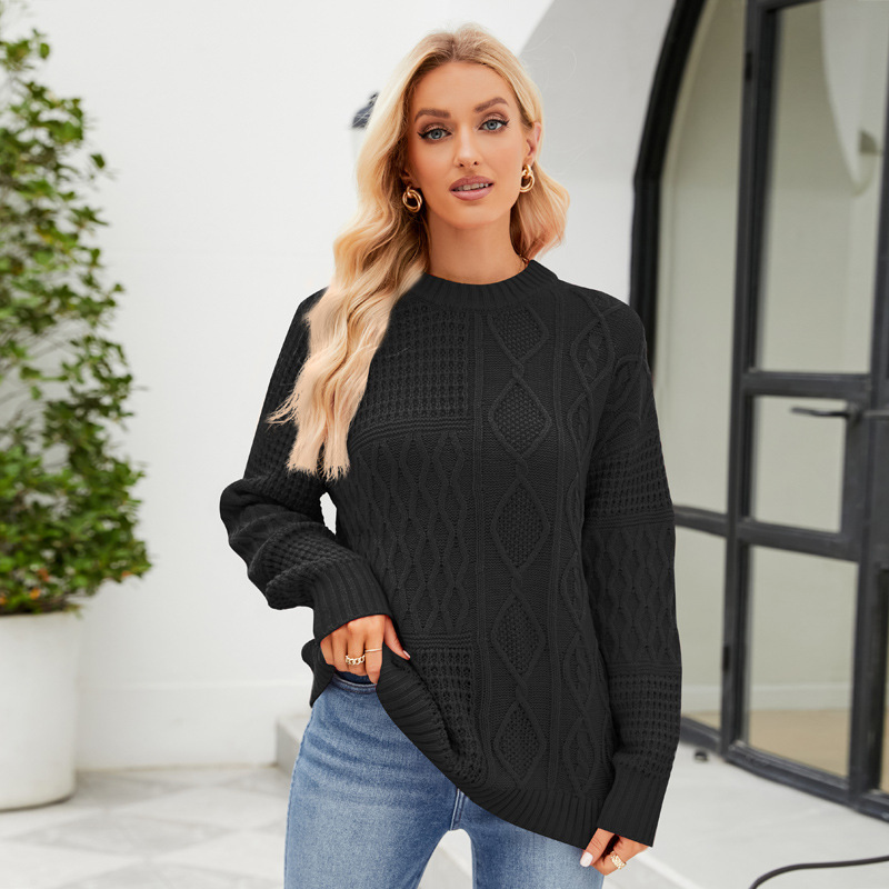 Women’s Pullover Sweater – Loose Fit – Mixed Knit Patterns – Crew Neck – Ribbed Trim
