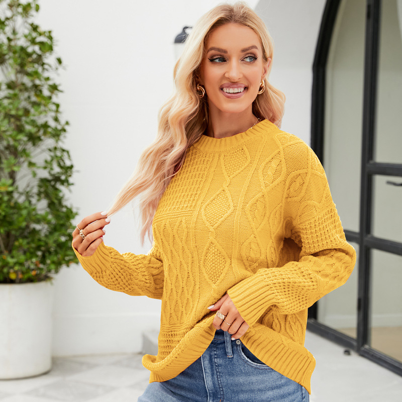 Women’s Pullover Sweater – Loose Fit – Mixed Knit Patterns – Crew Neck – Ribbed Trim