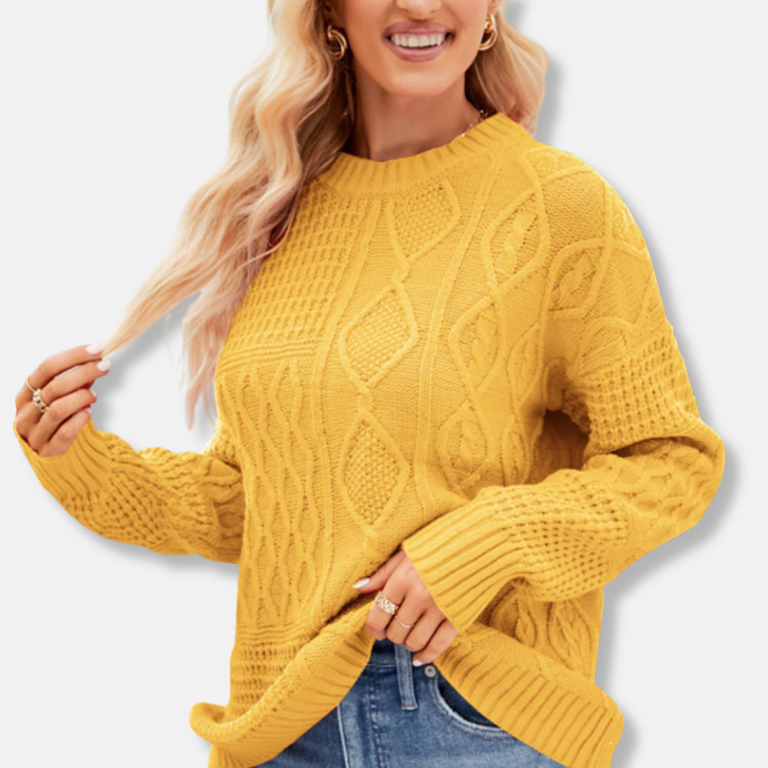 Women’s Pullover Sweater – Loose Fit – Mixed Knit Patterns – Crew Neck – Ribbed Trim
