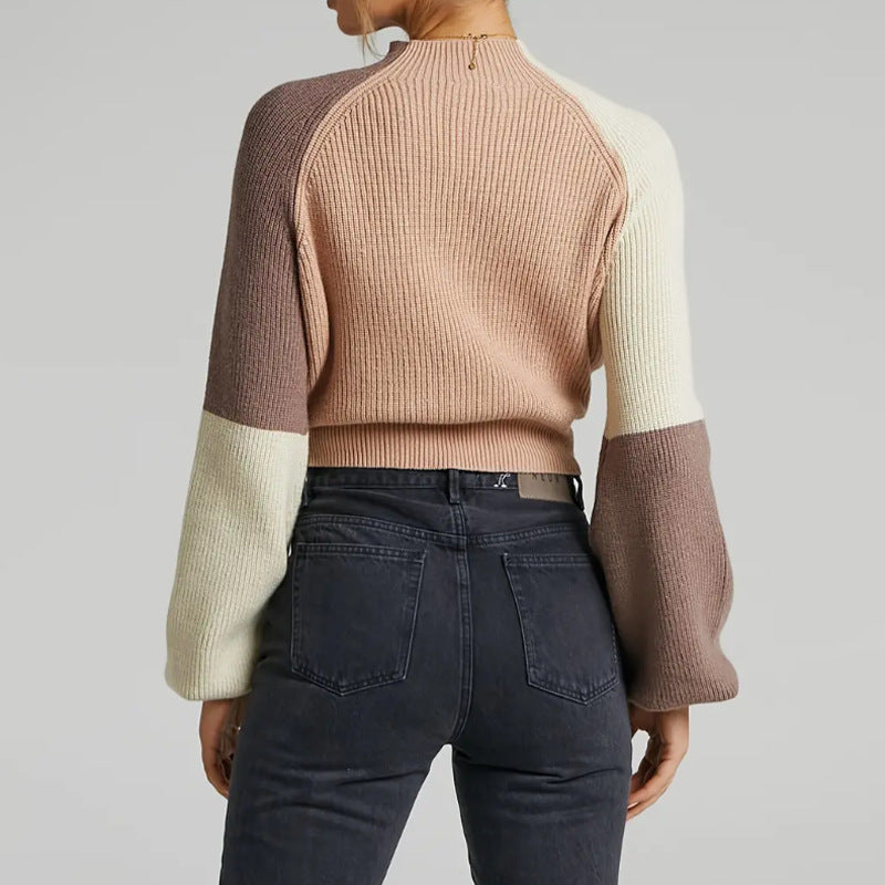 Women’s Pullover Sweater – Oversized Fit – Ribbed Knit – Mock Neck – Cropped Length