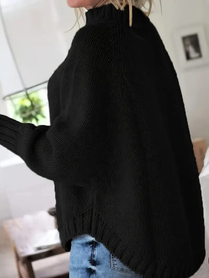 Women’s Pullover Sweater – Oversized Fit – Wool Blend – Cable Knit – Turtleneck